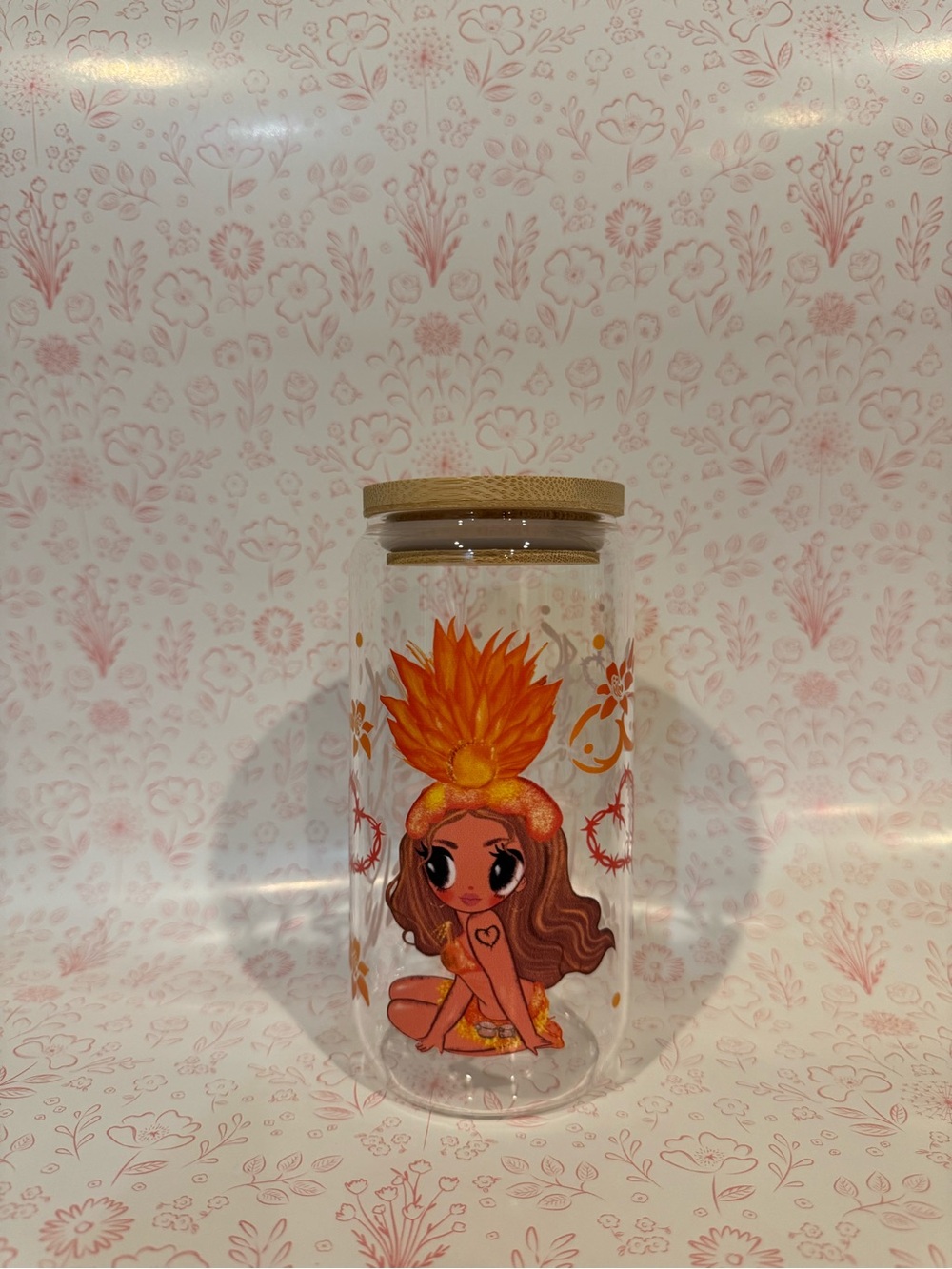 Clear Glass Jar with Tropical Girl Illustration - Orange & Brown